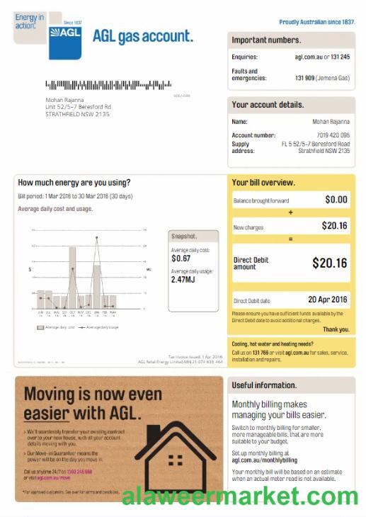 AUSTRALIA AGL utiltiy bill Word and PDF template, version 3